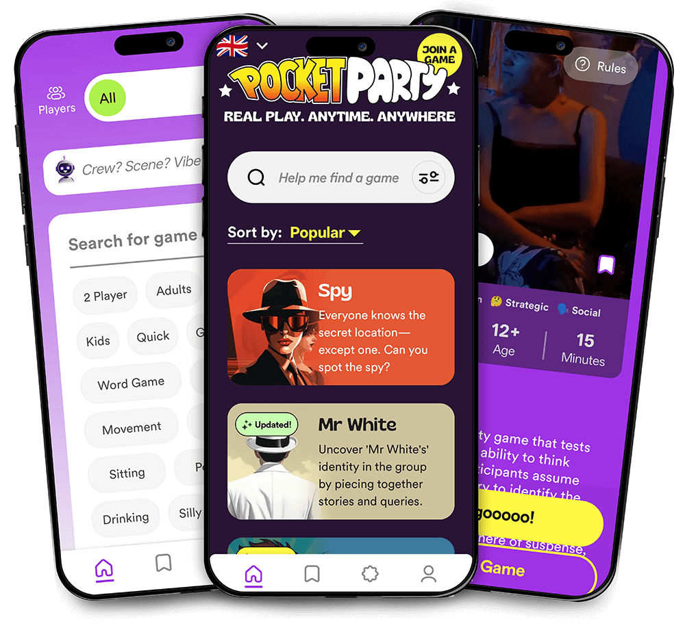 Three phones displaying the Pocket Party app interface showing social games